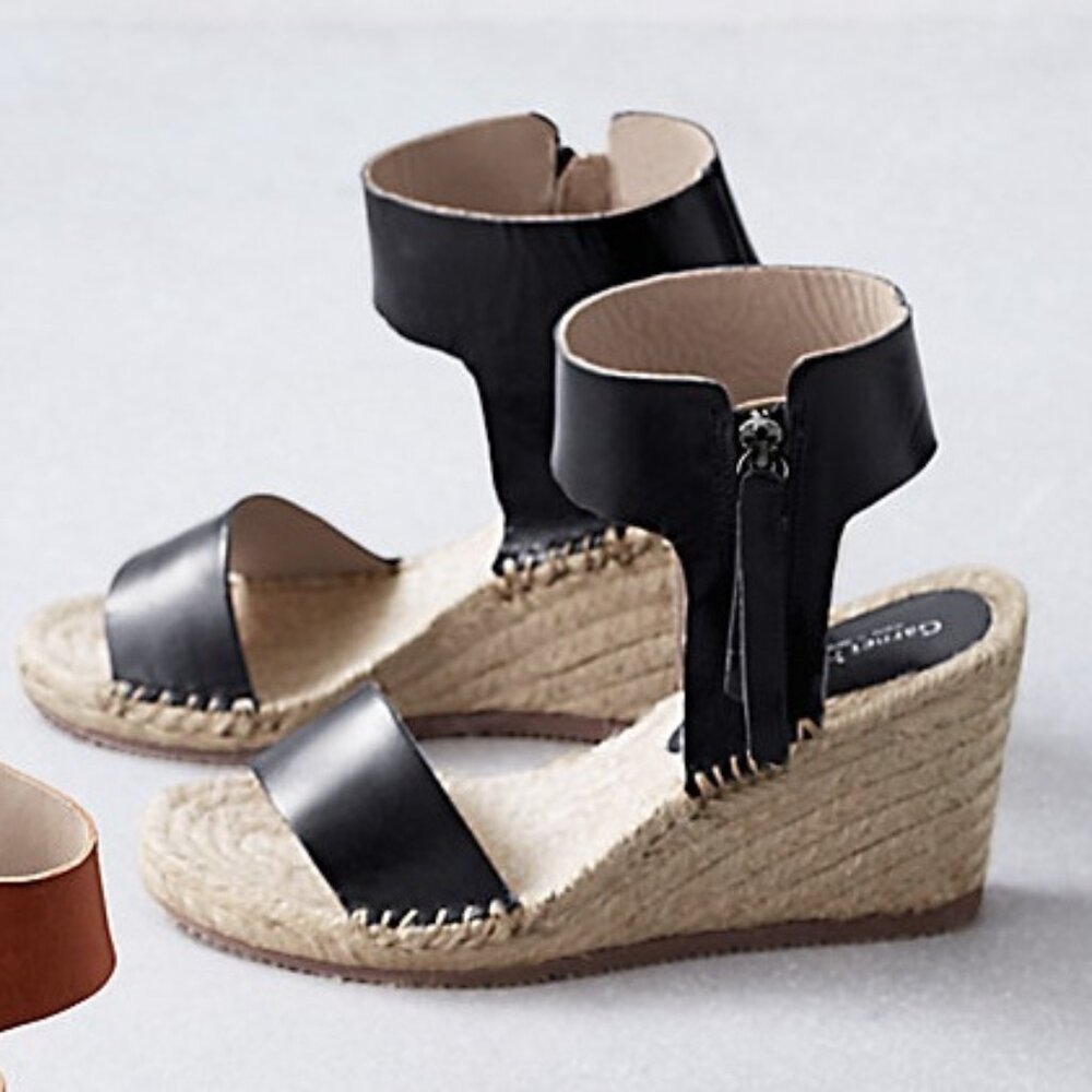 Garnet Hill Florence Black Leather Ankle-Strap Espadrille 3 1/2" Wedges Size 7